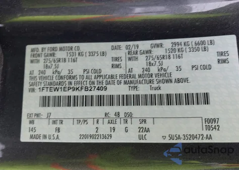 2019 Ford F-150 Xlt из США, поврежденный, VIN 1FTEW1EP9KFB27409